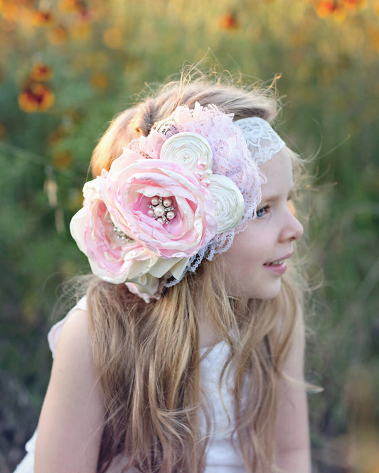 Pink and Ivory Large Flower Headband- Flower Headband, Flower Crown, Flower Headpiece, Flower Headband, Boho Flower Crown, Flower girl band