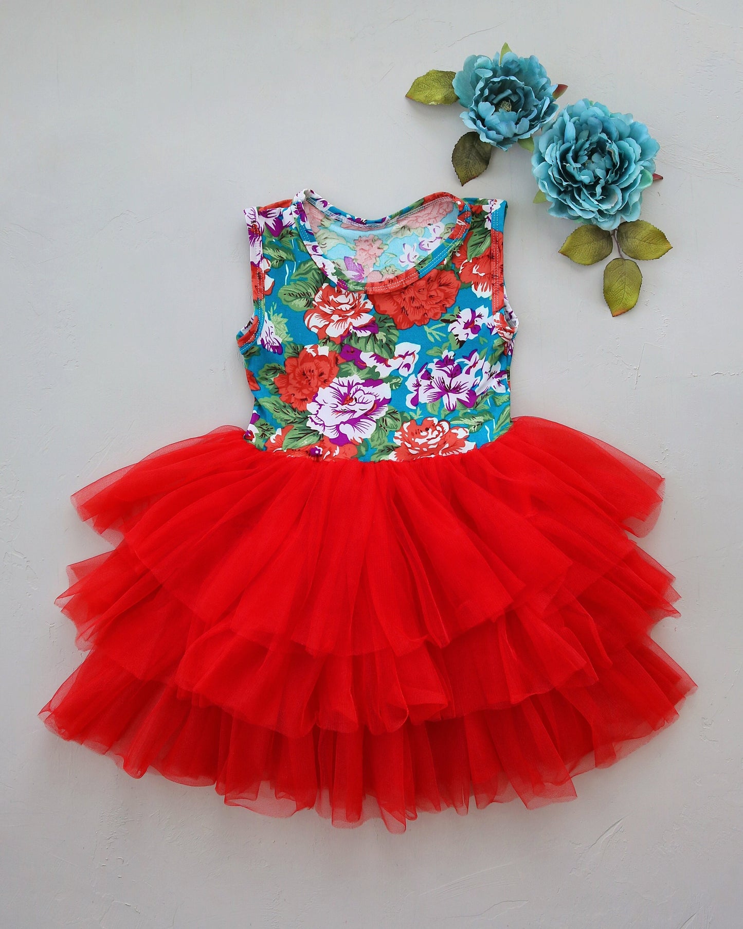 Tutu Dress in Red and Green Floral