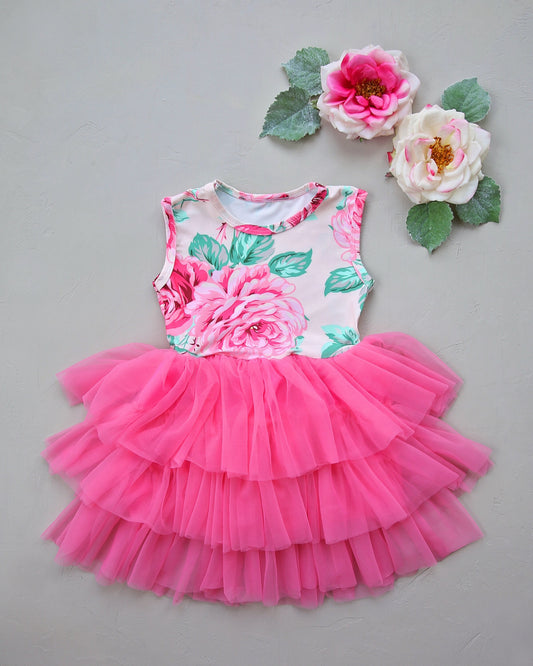 Tutu Dress in Blush with Pink Roses