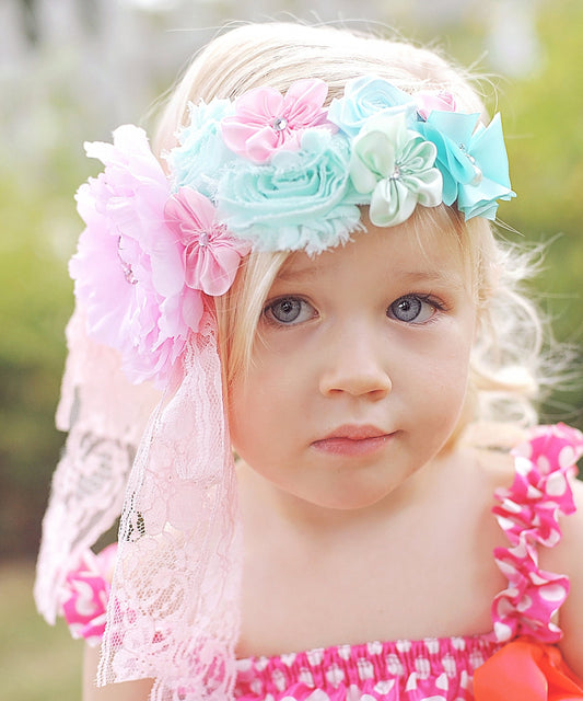 Girls Pink and Aqua Flower Headband - Flower Headband, Flower Crown, Flower Headpiece, Boho Flower Headband, Boho Flower Crown, Flower girl