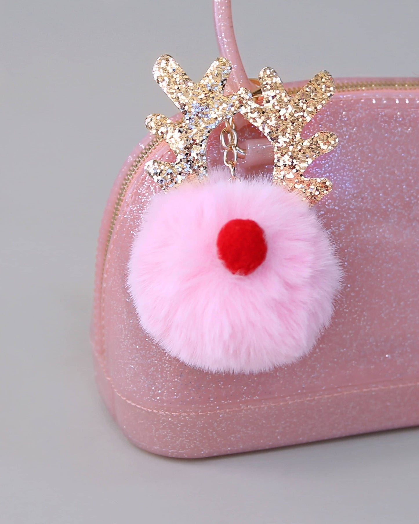 Fuzzy Pink Reindeer Keychain - Sequin Keychain, Pink Sequin Keychain - Christmas Stocking Gift - Back to School Gift, Kid Gift, Reindeer