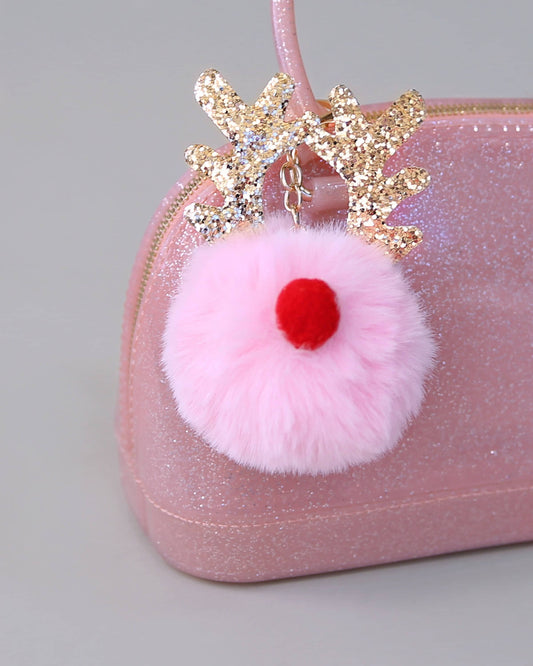 Fuzzy Pink Reindeer Keychain - Sequin Keychain, Pink Sequin Keychain - Christmas Stocking Gift - Back to School Gift, Kid Gift, Reindeer