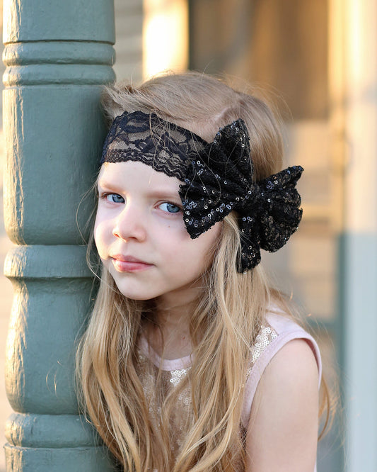 Black Sequin Bow on Lace Headband -Black bow, black headband, headband, black lace band, black hair accessory, black sequin bow, sequin band