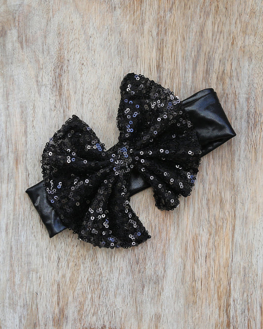 Black Sequin Bow Metallic Headband -Black bow, black headband, headband, metallic band, black hair accessory, black sequin bow, sequin band