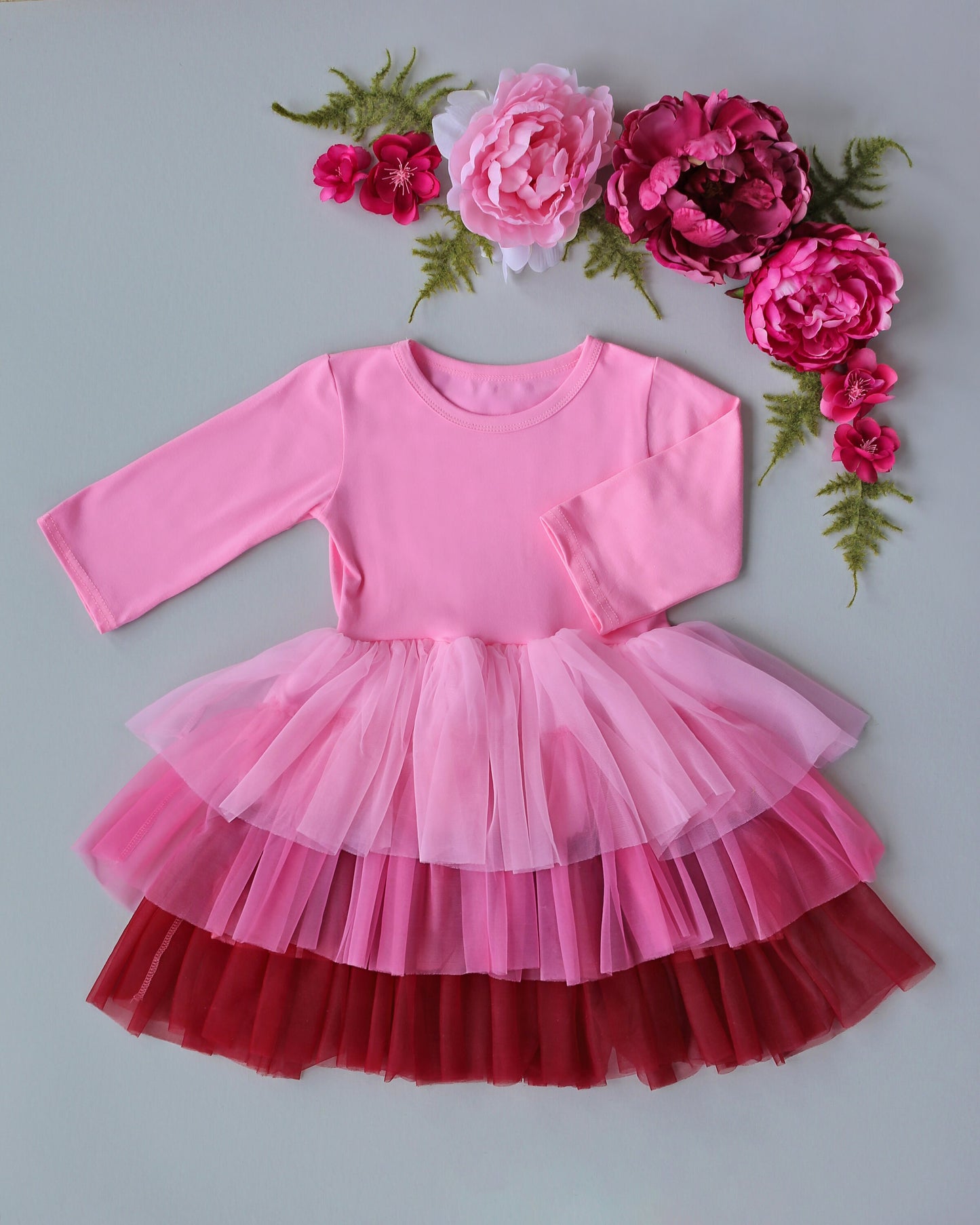 3/4 Sleeve Tutu Dress in Pink and Wine Ombre