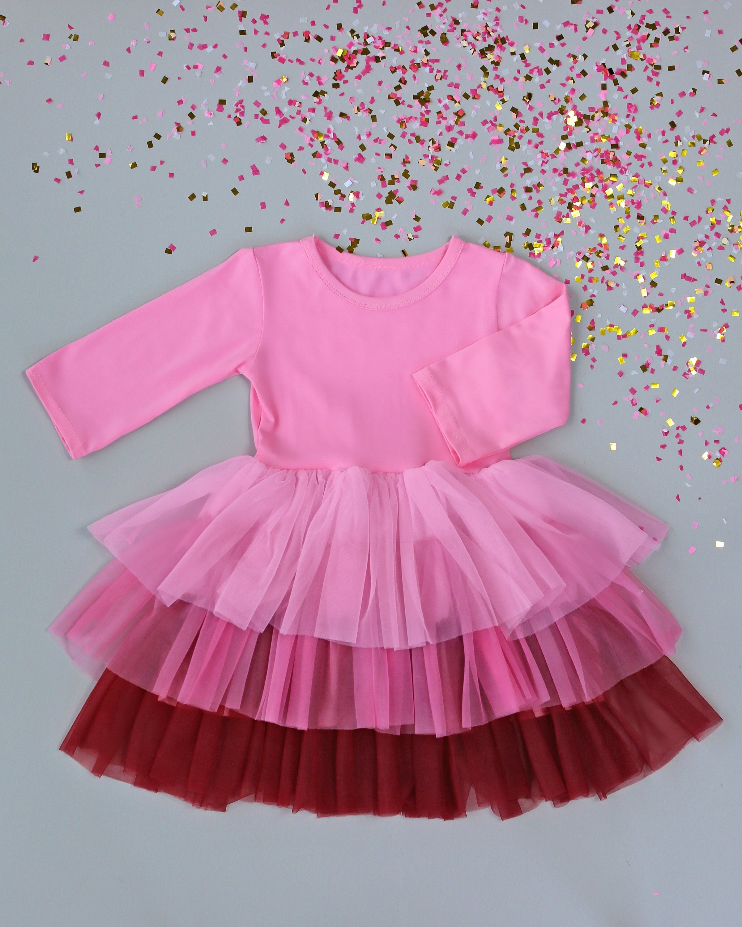 3/4 Sleeve Tutu Dress in Pink and Wine Ombre