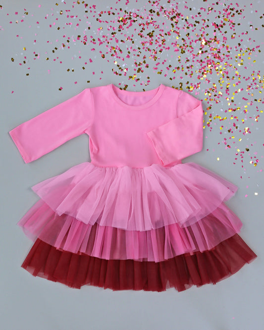 3/4 Sleeve Tutu Dress in Pink and Wine Ombre