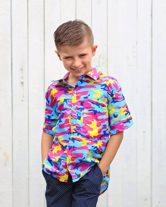 Boys Neon Blue and Pink Camo Button up Shirt - Boys Button Shirt - Boys Dress Shirt, gift for boy, boy camo shirt, boys dress shirt, camo