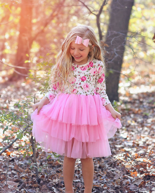 3/4 Sleeve Tutu Dress in Tiny Pink Roses