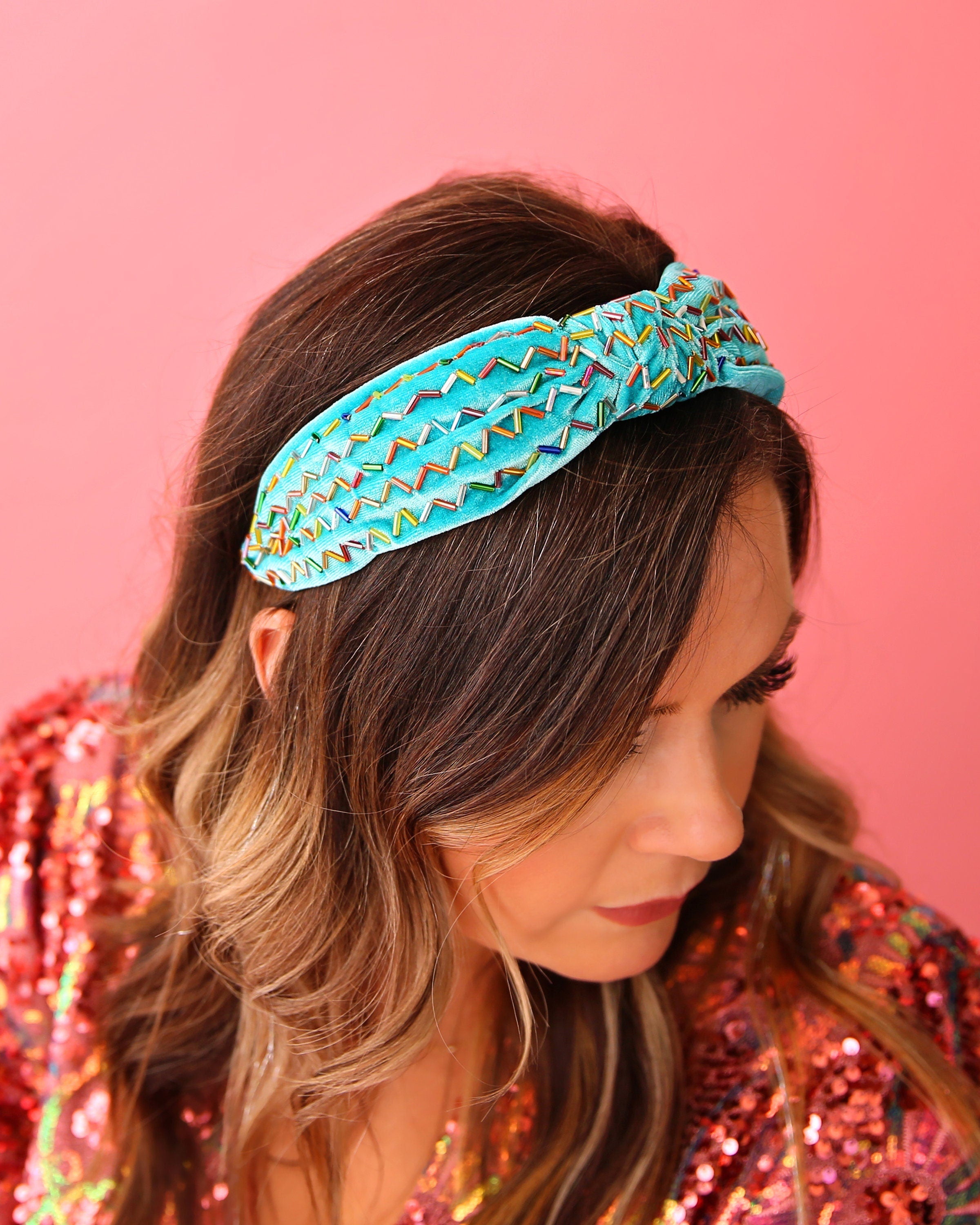 Aqua and Rainbow Sprinkle Knotted Headband- knotted headband, birthday headband, birthday gift, birthday outfit, sprinkle headband, party