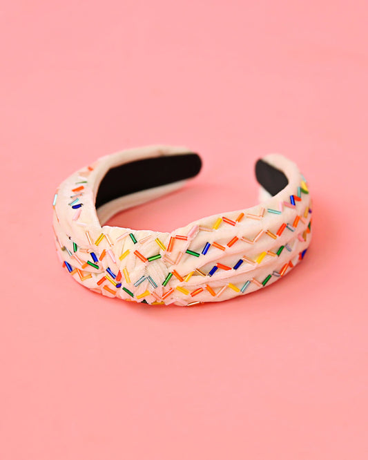 White and Rainbow Sprinkle Knotted Headband- knotted headband, birthday headband, birthday gift, birthday outfit, sprinkle headband, party