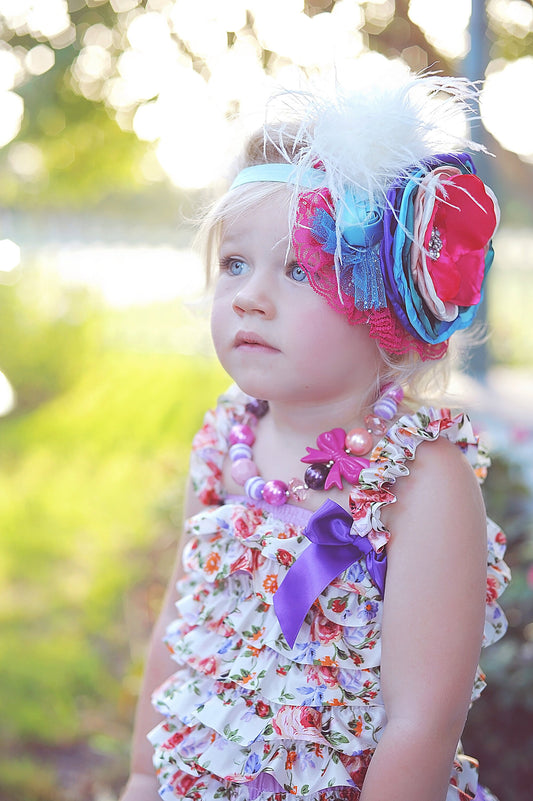 Pink and Blue Flower Feather Headband- Floral Lace Headband, Flower Crown, Floral, Headpiece, Boho Headband, Boho Flower Crown, Oversized