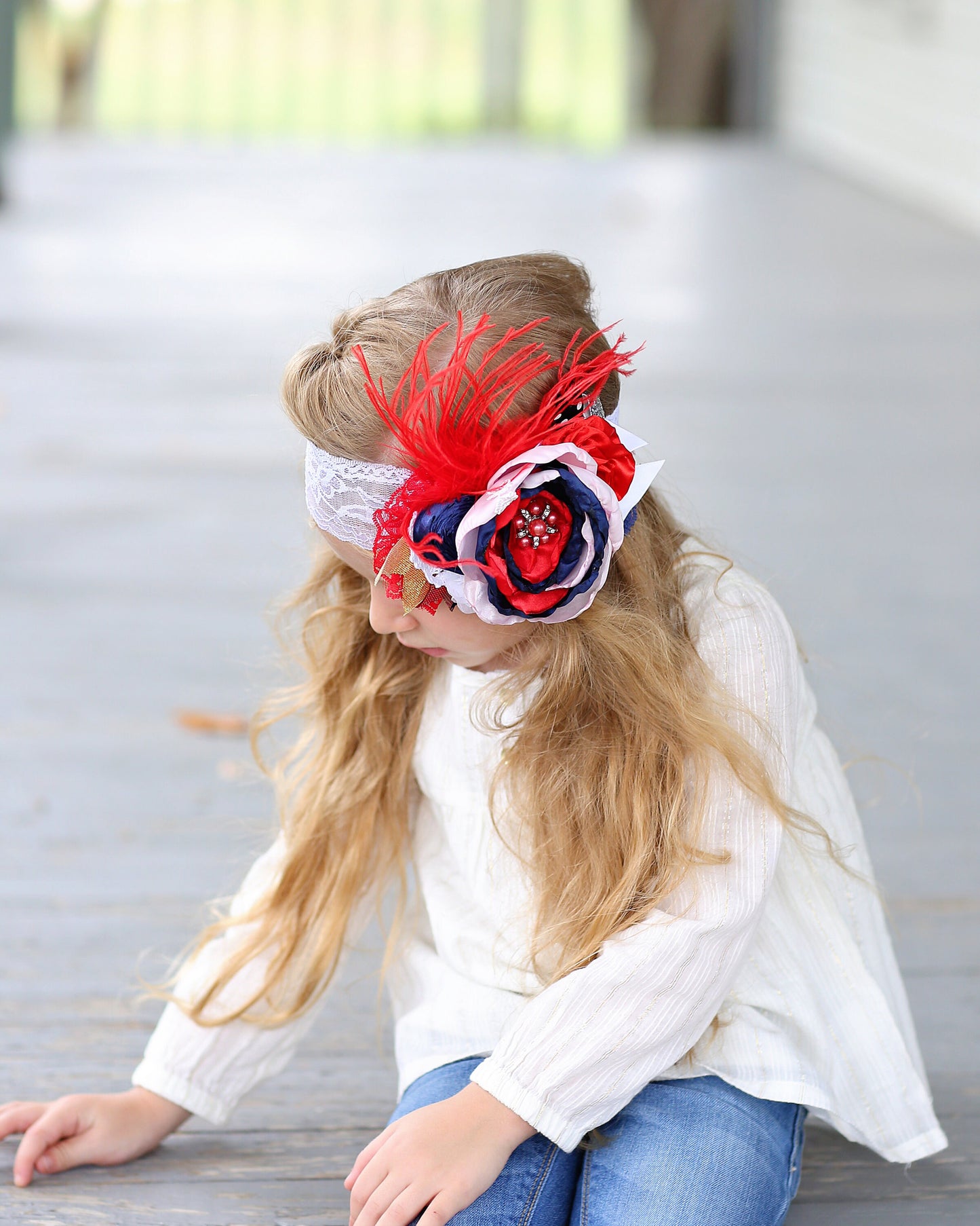 Red, White, Navy Large Flower Feather Headband- Floral Lace Headband, Flower Crown, Girls Gift, Headpiece, Boho Headband, Boho Flower Crown