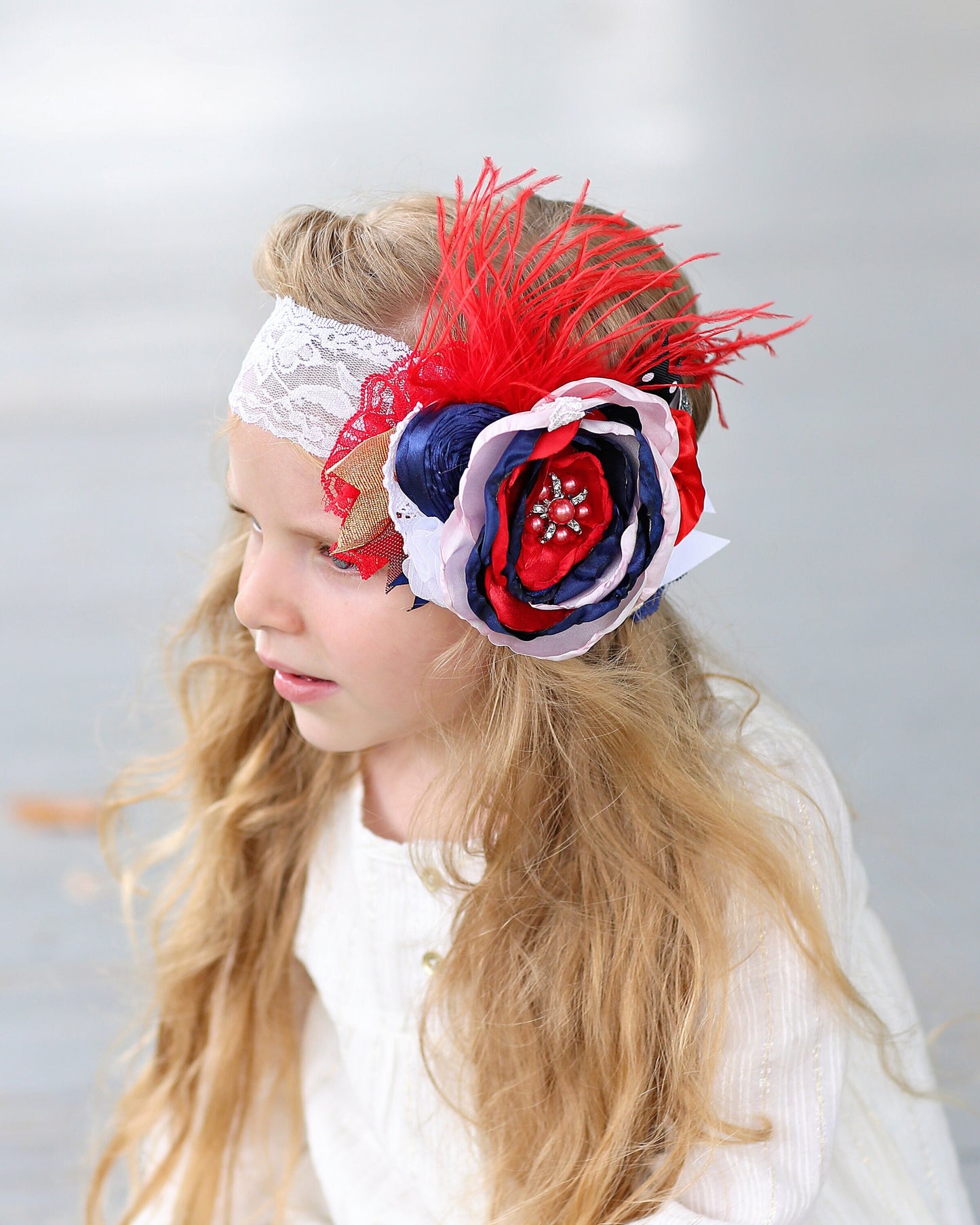 Red, White, Navy Large Flower Feather Headband- Floral Lace Headband, Flower Crown, Girls Gift, Headpiece, Boho Headband, Boho Flower Crown