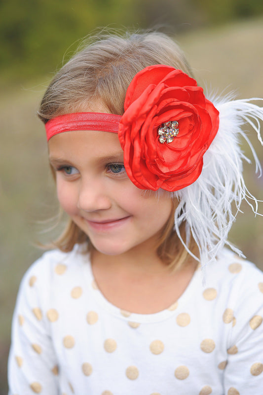 Red and White Large Feather Flower Headband- Flower Headband, Flower Crown, Red Flower Headpiece, Flower Headband, Boho Flower Crown, gift