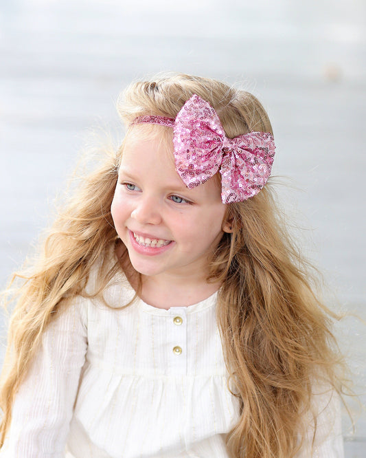 Pink Bow Sequin Headband- Sequin Bow Headband- Pink Sequin Bow, Sequin Headband, Birthday Headband, Pink Dance Headband, Birthday Gift