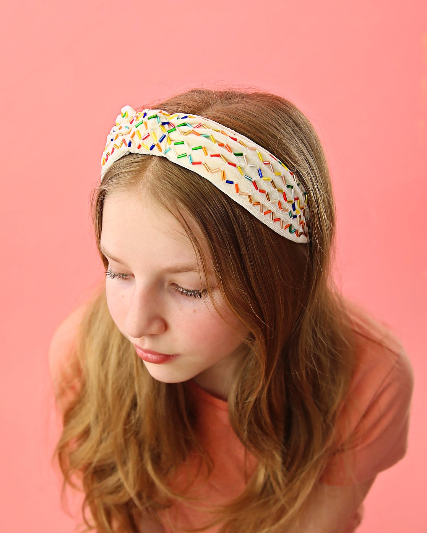 White and Rainbow Sprinkle Knotted Headband- knotted headband, birthday headband, birthday gift, birthday outfit, sprinkle headband, party