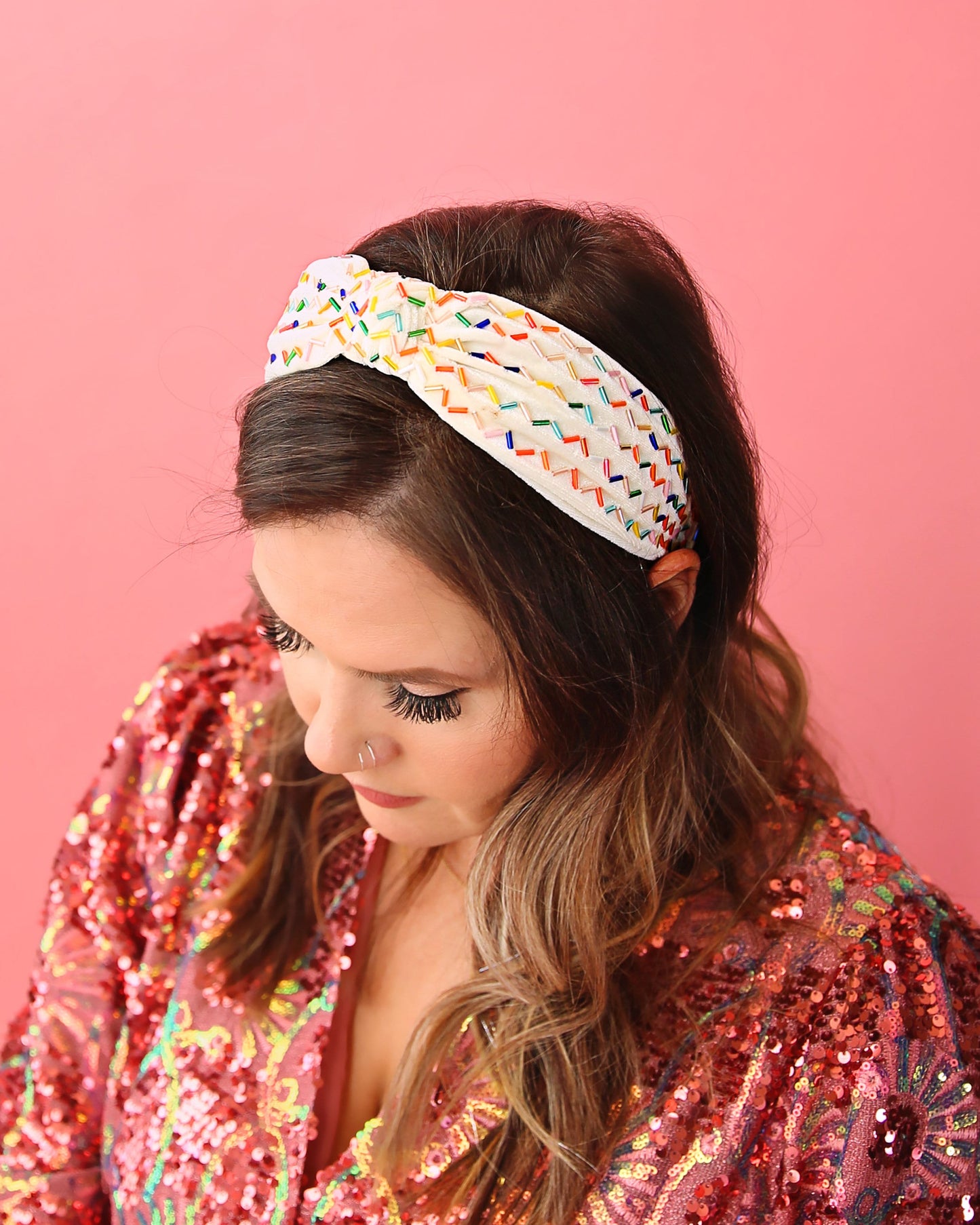 White and Rainbow Sprinkle Knotted Headband- knotted headband, birthday headband, birthday gift, birthday outfit, sprinkle headband, party