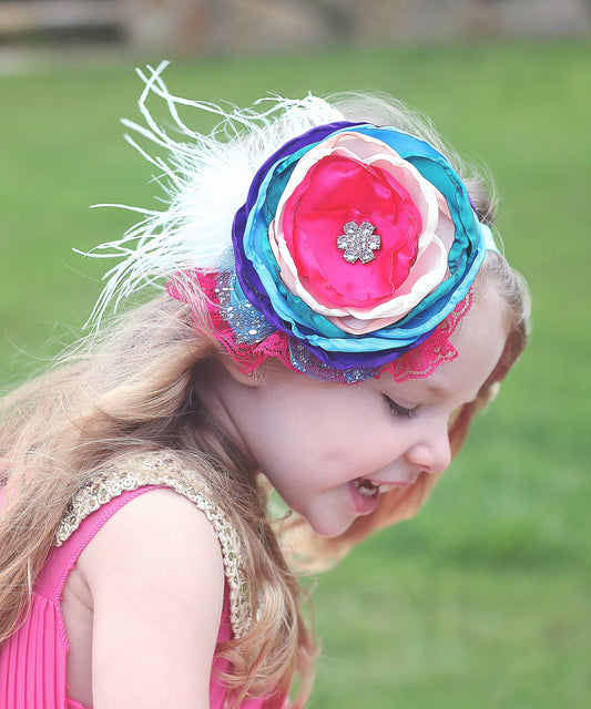 Pink and Blue Flower Feather Headband- Floral Lace Headband, Flower Crown, Floral, Headpiece, Boho Headband, Boho Flower Crown, Oversized