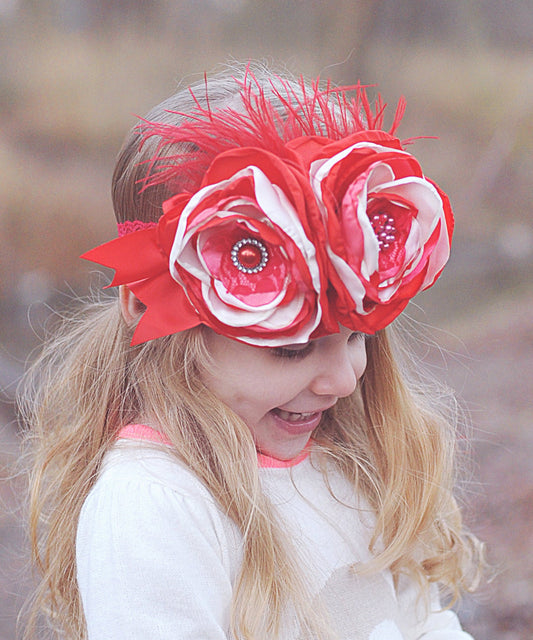 Red and White Large Feather Double Flower Headband- Flower Headband, Flower Crown, Red Flower Headpiece, Flower Headband, Boho Flower Crown