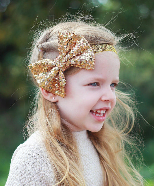 Gold Bow Sequin Headband - Sequin Bow Headband- Gold Sequin Bow, Sequin Headband, Birthday Headband, Gold Dance Headband, Girl Birthday Gift