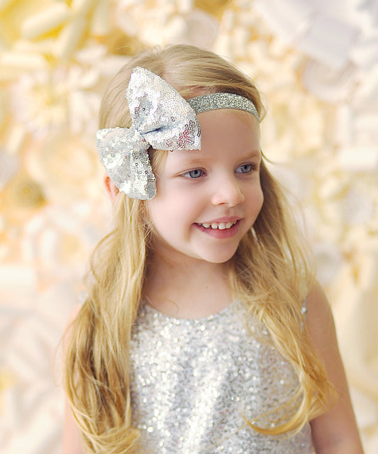 Silver Bow Sequin Headband- Sequin Bow Headband- Silver Sequin Bow, Sequin Headband, Birthday Headband, Silver Dance Headband, Birthday Gift