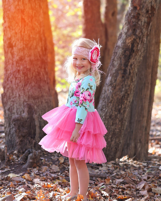 3/4 Sleeve Tutu Dress in Aqua Roses