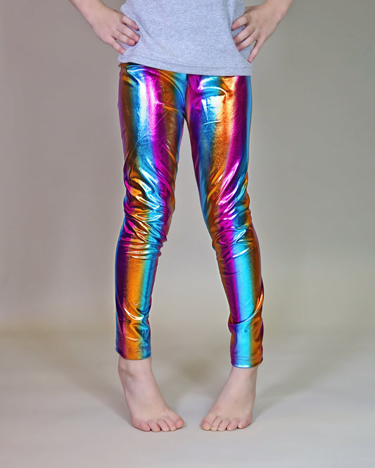 Metallic Leggings in Striped Rainbow