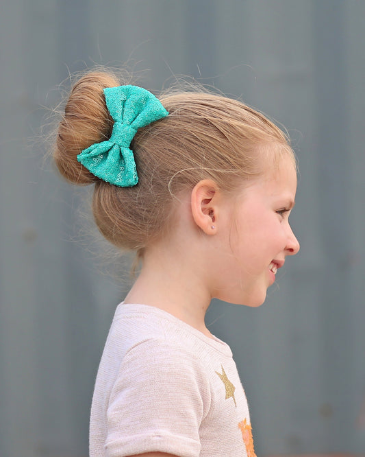Teal Sequin Bow Clip- Sequin Bow Clip, Aqua Sequins, Teal blue bow clip, aqua bow, dance bow, cheer bow, birthday bow clip