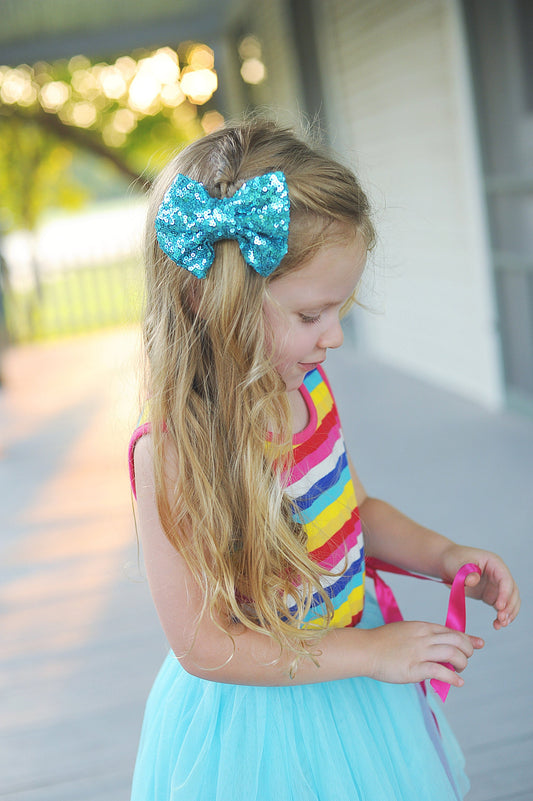 Turquoise Sequin Bow Clip- Sequin Bow Clip, Aqua Sequins, Turquoise blue bow clip, aqua bow, dance bow, cheer bow, birthday bow clip, blue