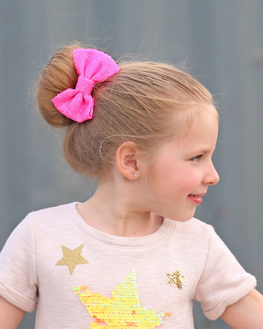 Neon Pink Sequin Bow Clip- Sequin Bow Clip, Neon Pink Sequins, Pink bow clip, Pink Bow Clip, Cheer bow clip, Dance Bow Clip, Birthday Gift