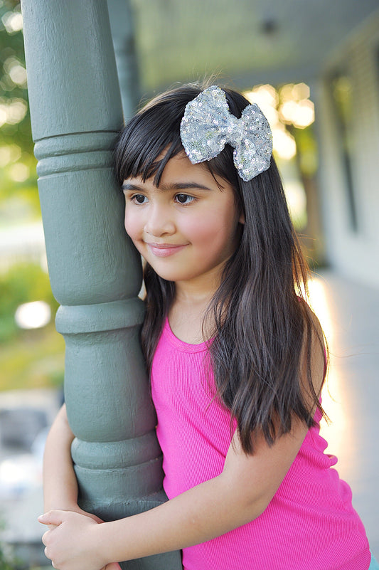 Silver Sequin Bow Clip- Sequin Bow Clip, Silver Sequins, Silver bow clip, dance bow, cheer bow, birthday bow clip, silver cheer bow, silver