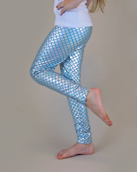 Metallic Leggings in Aqua and Silver Mermaid