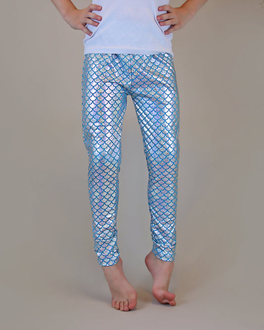 Metallic Leggings in Aqua and Silver Mermaid