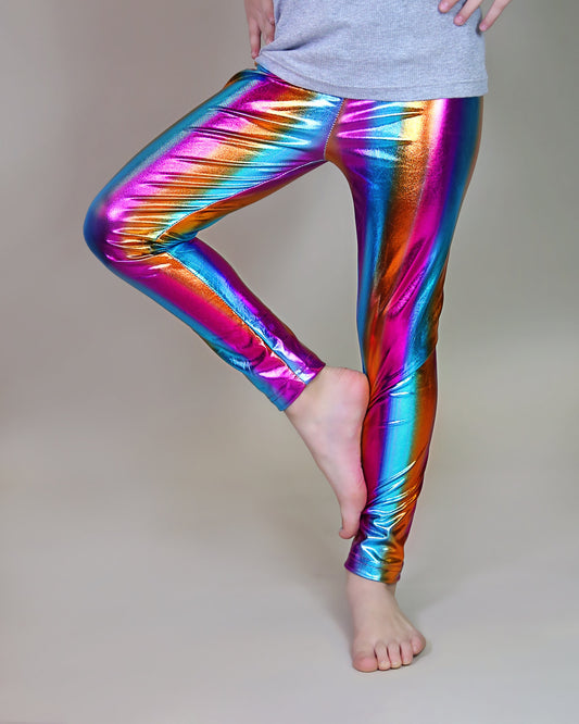 Metallic Leggings in Striped Rainbow