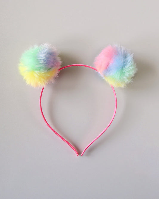 Pastel Rainbow Pom Pom Headband, Rainbow Pom Pom Headband, Pom Pom Ear Headband, ear headband, poof headband, birthday gift, gift for her