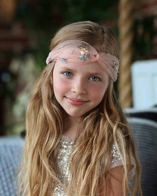 Pink Star Tulle Headband- Gold Sequin Headband, Pink tulle, star headband, sequin stars, birthday gift, star accessory, sheer headband, star