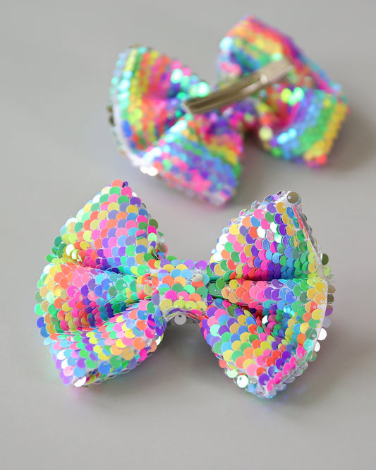 Neon Rainbow Bow Clip-Sequin Bow Clip, Rainbow Flip Sequin bow, Neon sequin bow, costume, birthday gift, party outfit, party hair bow, cheer