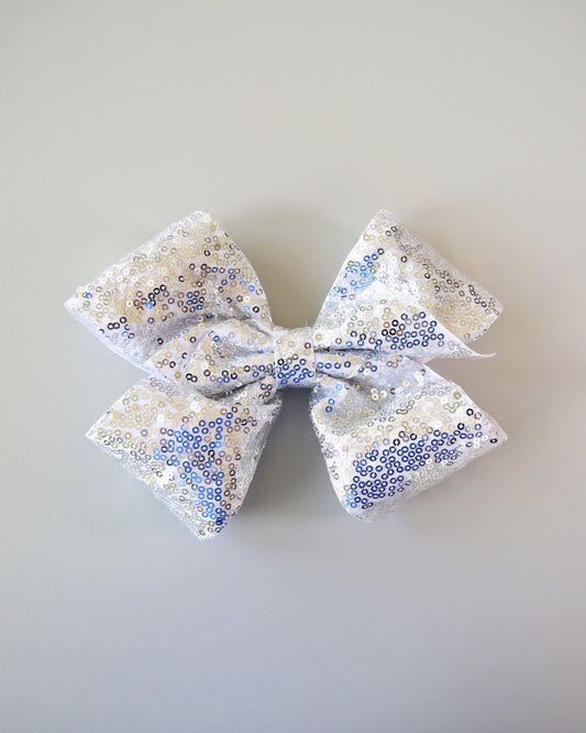 Large Sequin Silver Bow Clip- Large Sequin Bow Clip, Silver Bow, Silver Dance Bow- Oversized Sequin Cheer Bow, Girls Gift, Silver Sequin Bow