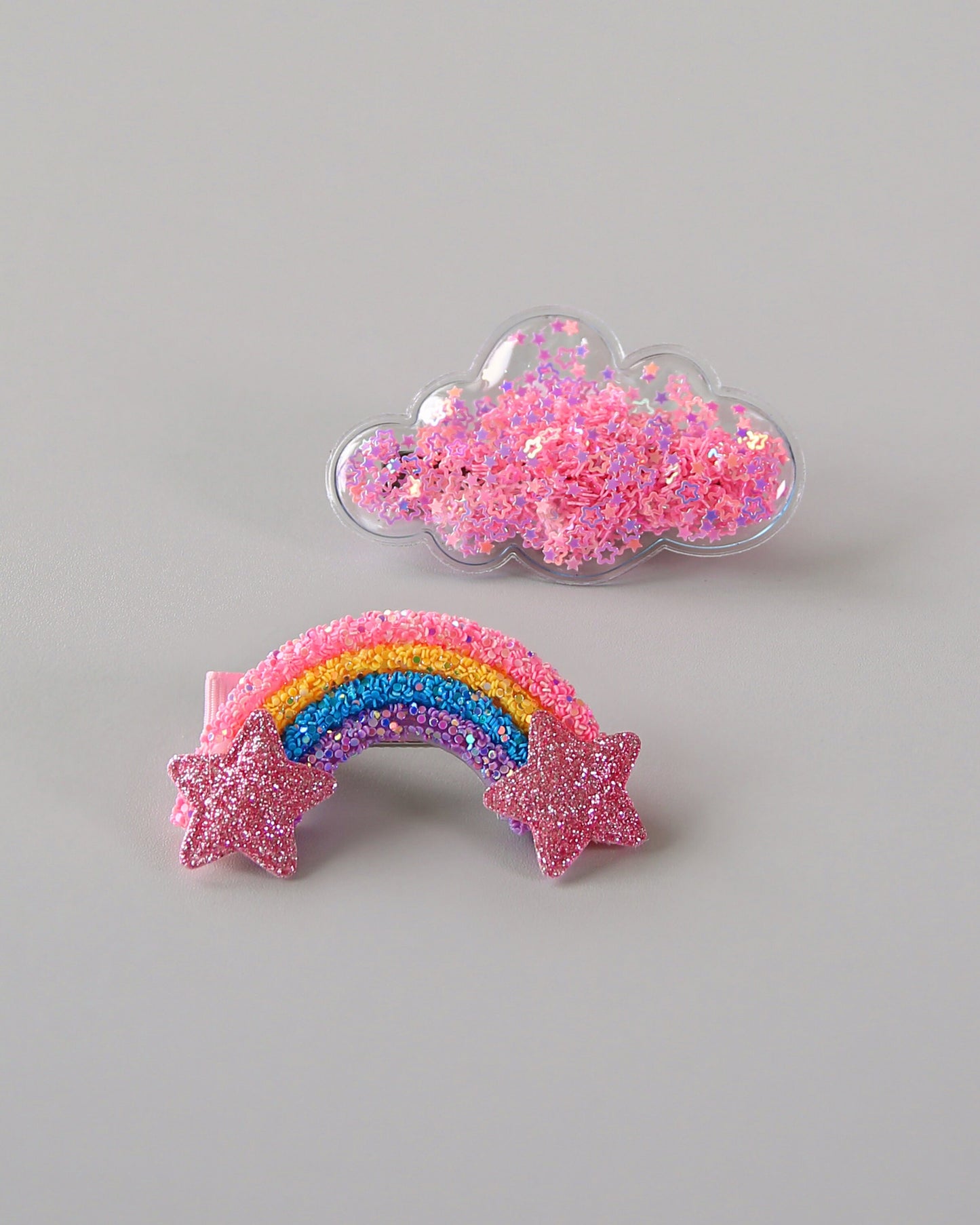Glitter Rainbow and Pink Sequin Cloud Clip Set, Rainbow clips, cloud hair clip, birthday gift, party outfit, party hair bow, rainy day hair