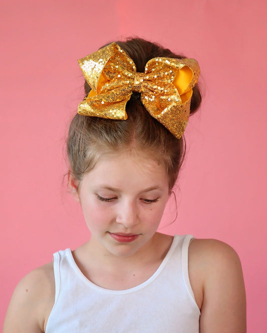 Large Sequin Gold Bow Clip - Large Sequin Bow Clip, Gold Bow, Gold Dance Bow Clip - Oversized Sequin Cheer Bow, Girls Gift, Gold Sequin Bow
