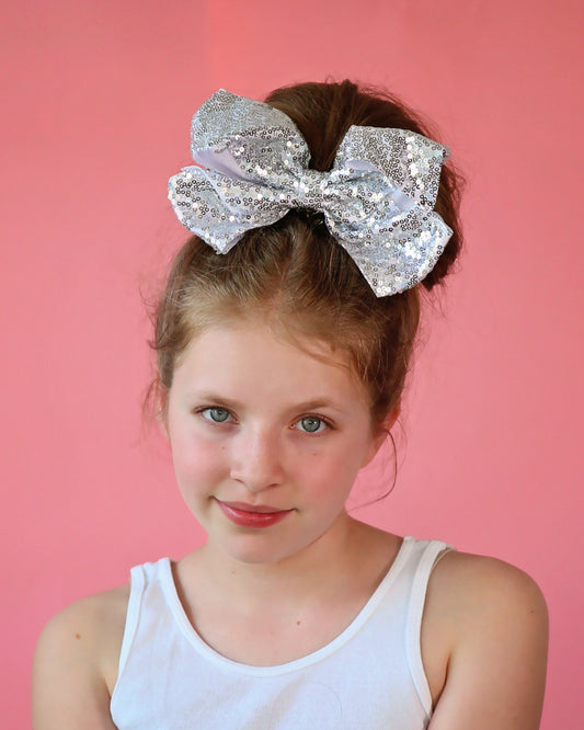 Large Sequin Silver Bow Clip- Large Sequin Bow Clip, Silver Bow, Silver Dance Bow- Oversized Sequin Cheer Bow, Girls Gift, Silver Sequin Bow