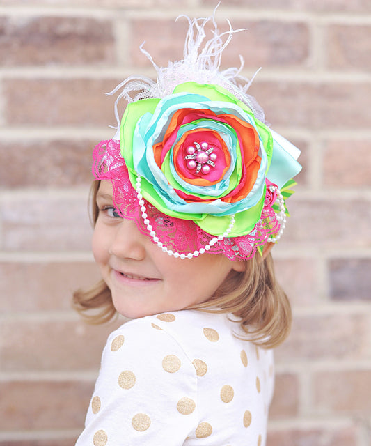 Rainbow Large Flower Headband- Flower Headband, Flower Crown, Pink Flower Headpiece, Flower Girl, Boho Flower Crown, Lime Headband, Summer