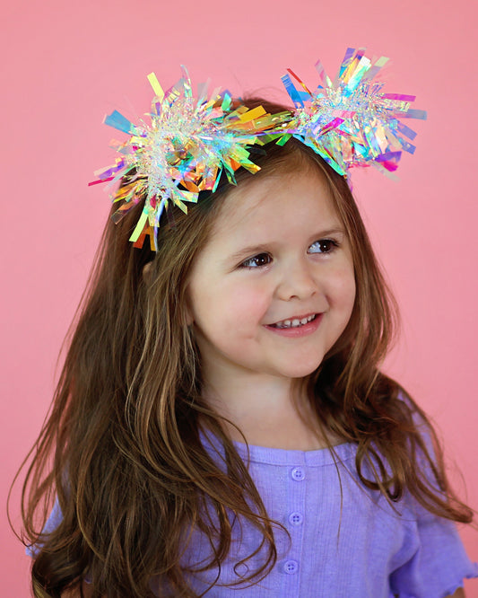 Tinsel Pom Pom Headband- Birthday headband, gift for her, birthday gift, party headband, party favor, bow headband, tinsel, iridescent bows