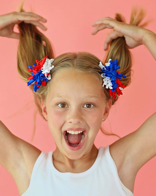 Pair of Americana Curly Ribbon Hair Clips- hair bows, school bows, curly ribbon, red white blue bows, pair of bows, hair clips, hair ribbon