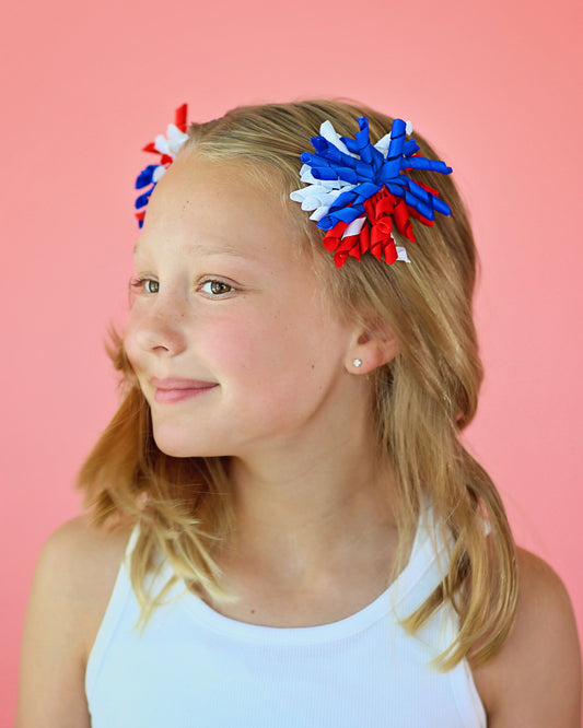 Pair of Americana Curly Ribbon Hair Clips- hair bows, school bows, curly ribbon, red white blue bows, pair of bows, hair clips, hair ribbon