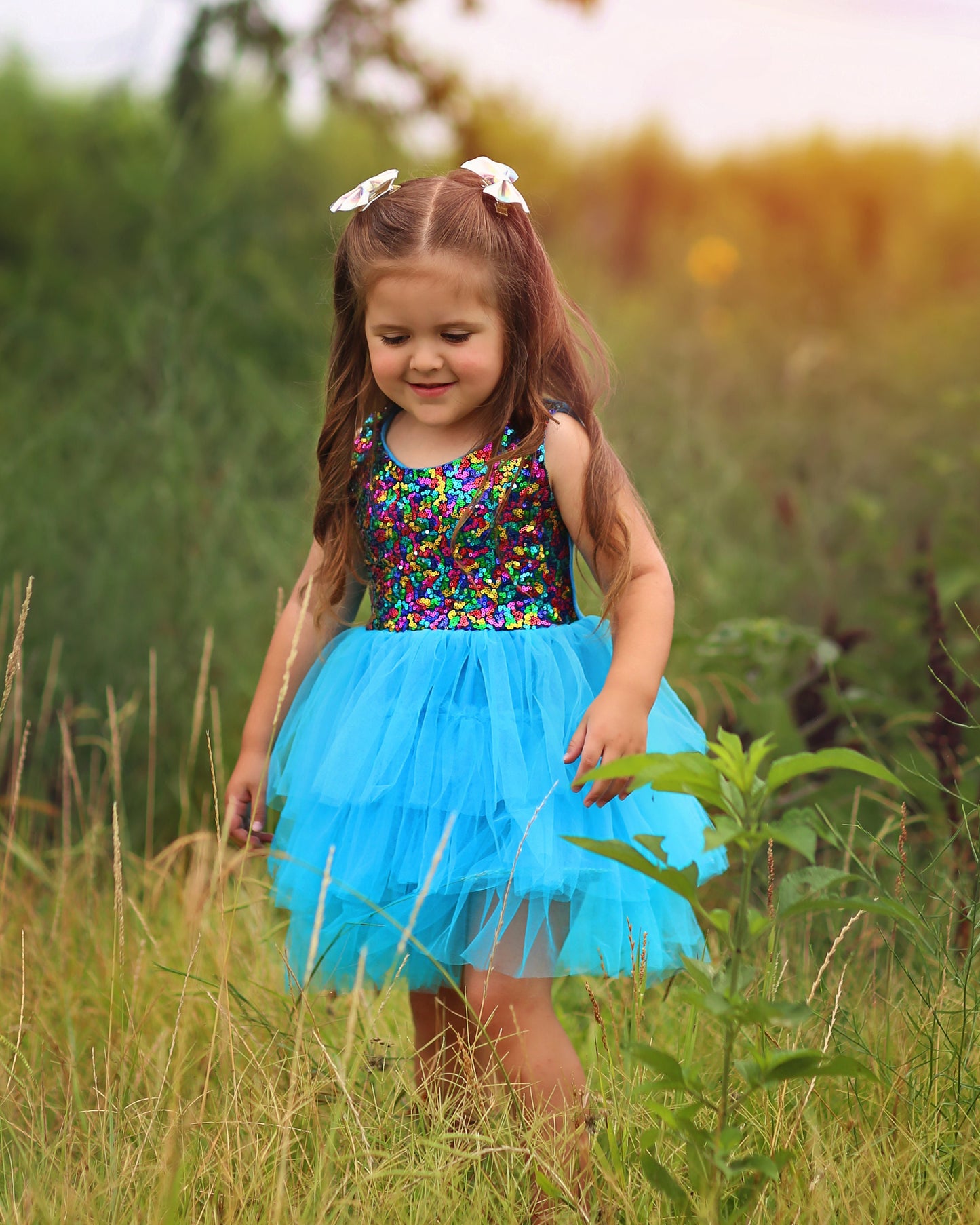 Sequin Tutu Dress in Teal and Rainbow