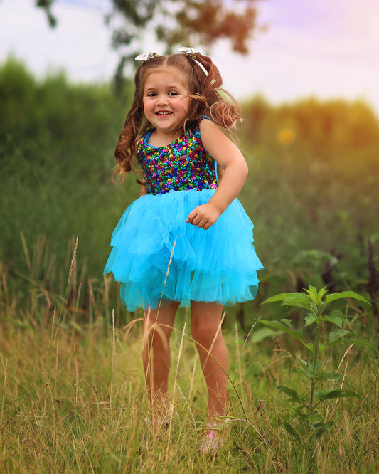 Sequin Tutu Dress in Teal and Rainbow