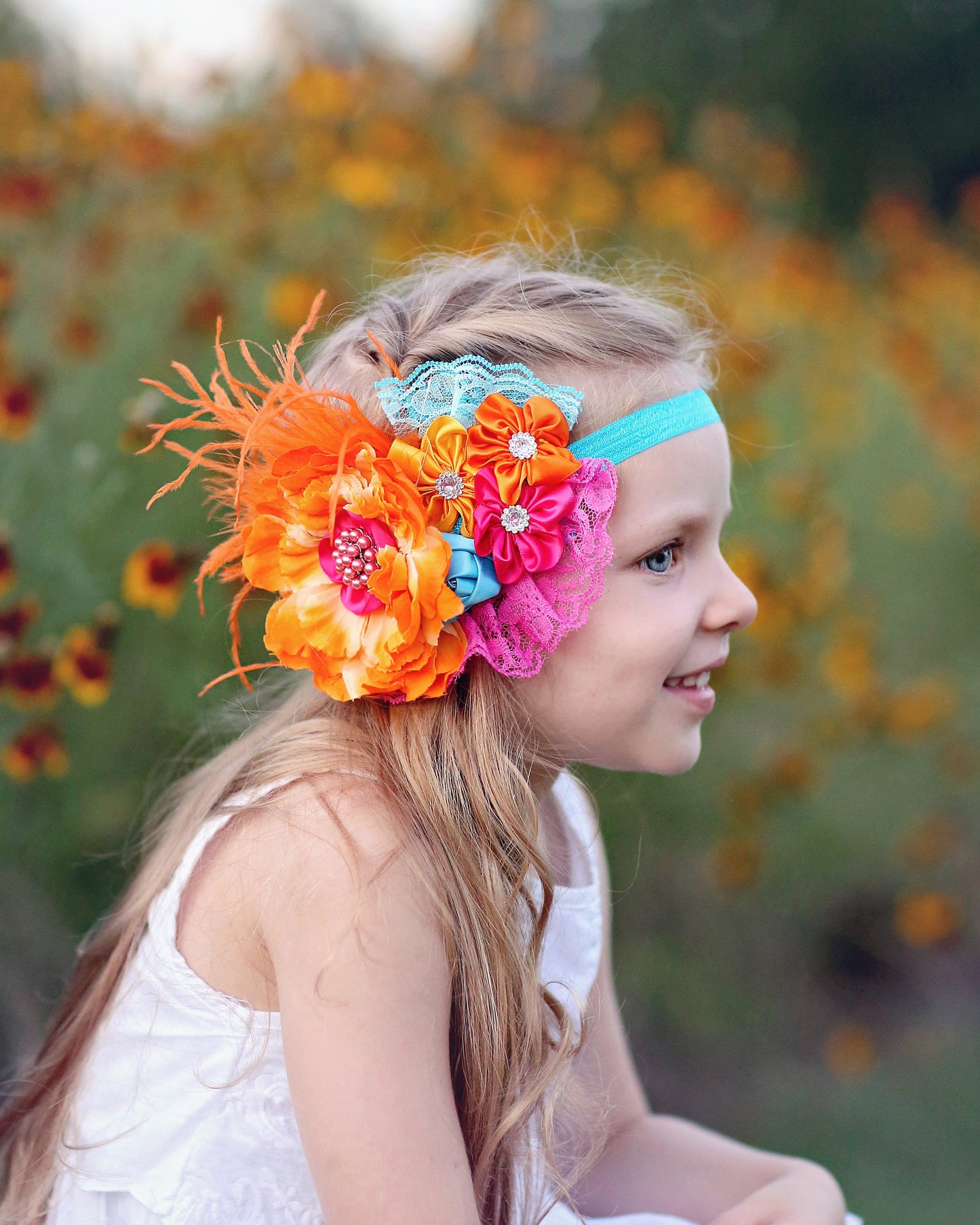 Orange and Hot Pink Flower Headband- Flower Headband, Flower Crown, Pink Flower Headpiece, Flower Girl, Boho Flower Crown, Pink Headband