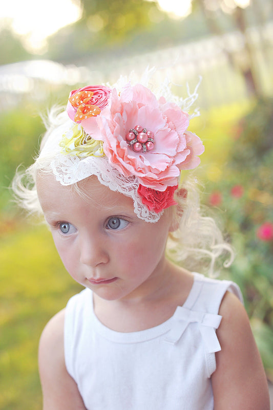 Peach and White Flower Headband- Flower Headband, Flower Crown, Pink Flower Headpiece, Flower Headband, Boho Flower Crown, Peach Headband